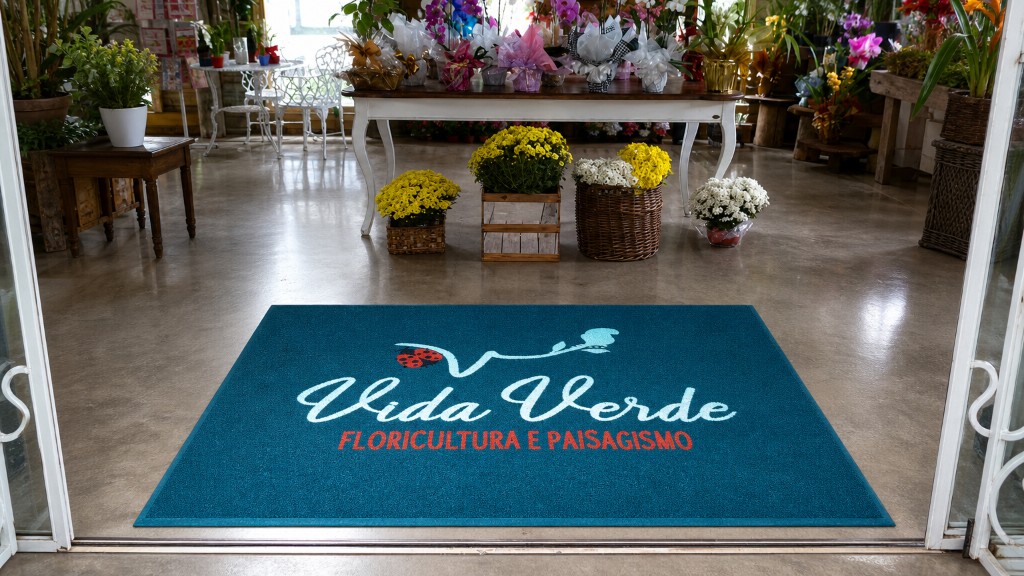 Capacho personalizado da Vida Verde Floricultura e Paisagismo em azul-petróleo com o nome em branco e o texto FLORICULTURA E PAISAGISMO em laranja, instalado na entrada sobre piso premium, ideal para estabelecimentos comerciais.