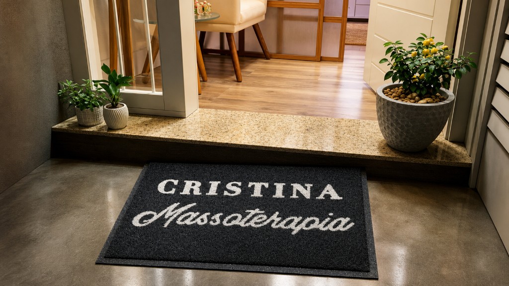 Capacho personalizado da Cristina Massoterapia com a identidade da marca, instalado na entrada sobre piso premium, em Vacaria/RS, ideal para consultórios e espaços de bem-estar.