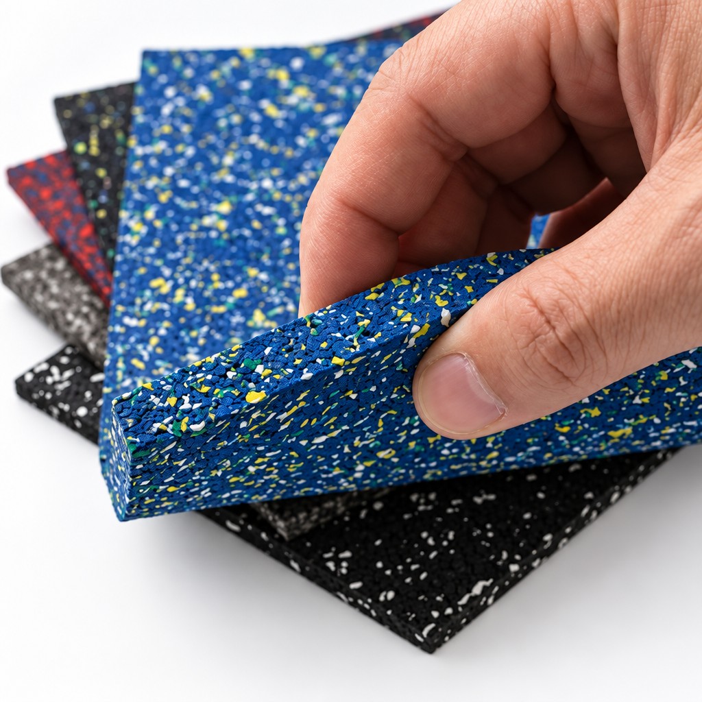 Amostra de piso emborrachado Rubberkap 5mm azul em 100% borracha expandida segurada à mão, destacando textura granulada, com amostras preta, cinza e vermelha ao fundo