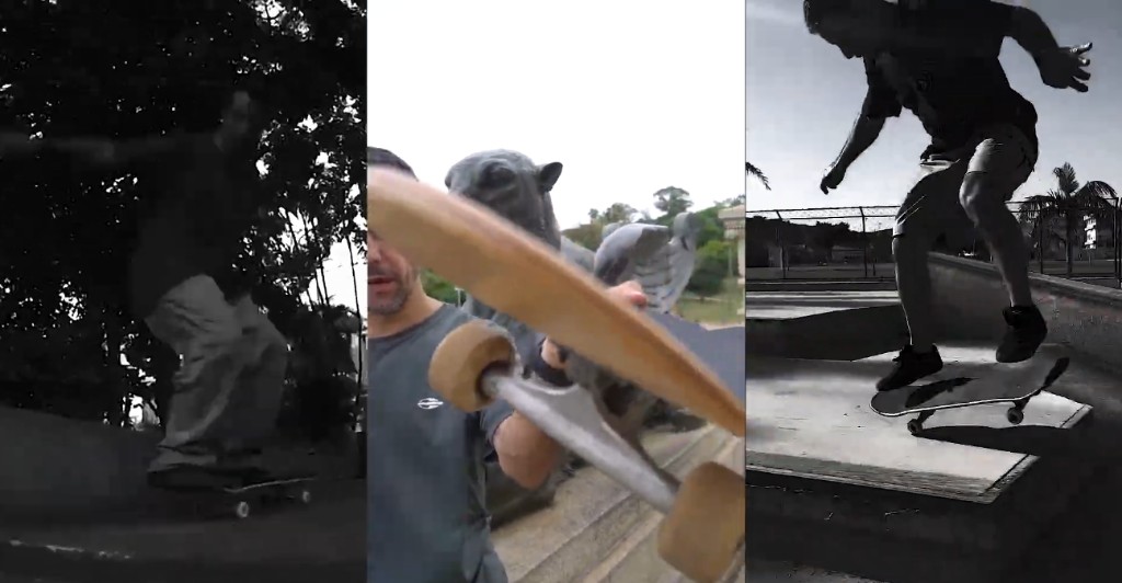 Detalhe de manobra de skate mostrando a resposta e o pop do shape durante o impacto no ch&atilde;o.