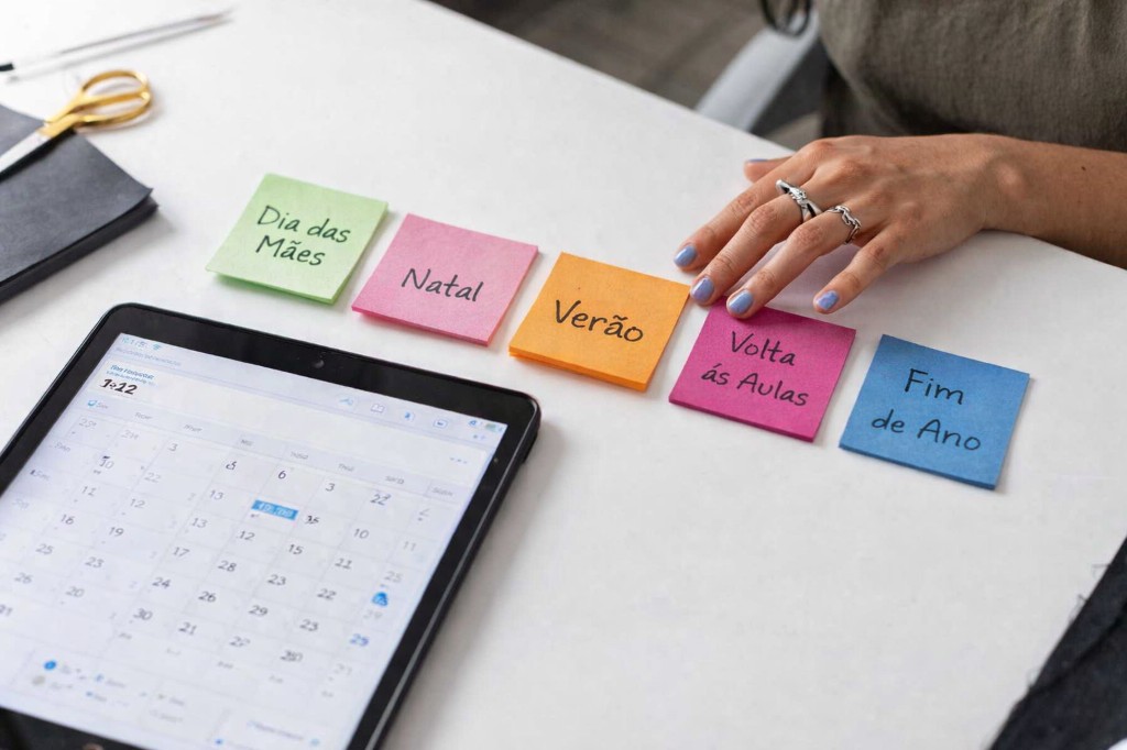 Vista superior de uma mesa de trabalho com um tablet exibindo um calend&aacute;rio mensal. Ao lado, post-its coloridos indicam datas importantes do varejo, como Dia das M&atilde;es, Natal, Ver&atilde;o, Volta &agrave;s Aulas e Fim de Ano. A imagem representa o planejamento estrat&eacute;gico de lan&ccedil;amentos e campanhas sazonais no segmento de semijoias.
