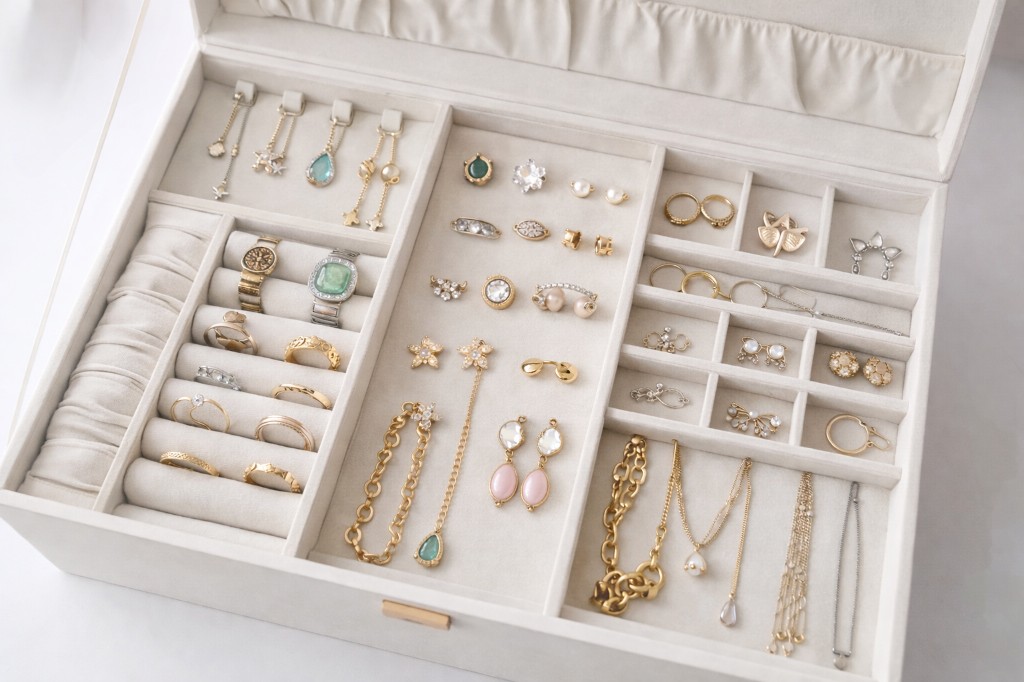 Mostru&aacute;rio de semijoias aberto, exibindo an&eacute;is, brincos, colares e pulseiras organizados em compartimentos. As pe&ccedil;as apresentam variedade de estilos, tamanhos e cores, transmitindo cuidado na curadoria e planejamento do mix de produtos para atender diferentes perfis de clientes.