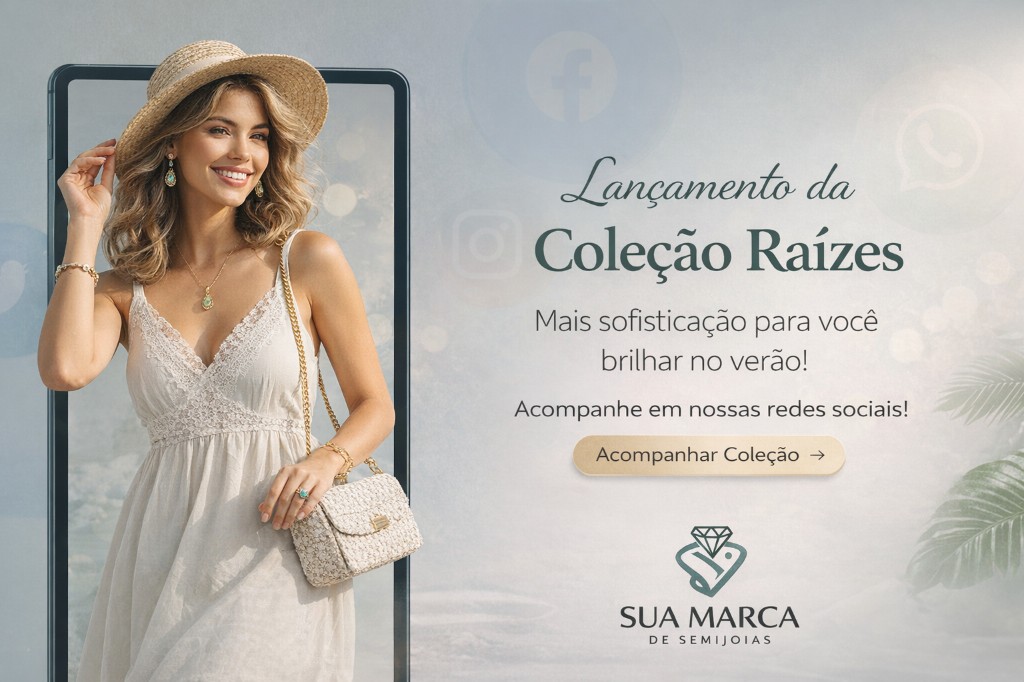 Modelo feminina usando semijoias em um cen&aacute;rio leve e elegante, remetendo ao ver&atilde;o. A imagem transmite estilo, frescor e sofistica&ccedil;&atilde;o, ideal para representar campanhas de lan&ccedil;amento, redes sociais e materiais promocionais de uma nova cole&ccedil;&atilde;o de semijoias.