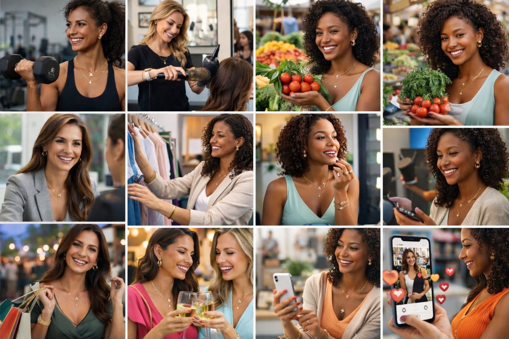 Painel vibrante com diferentes mulheres usando semijoias em academia, sal&atilde;o, feira, redes sociais e trabalho, ilustrando visualmente os m&uacute;ltiplos cen&aacute;rios de vendas e refor&ccedil;ando que existem v&aacute;rios caminhos para empreender.