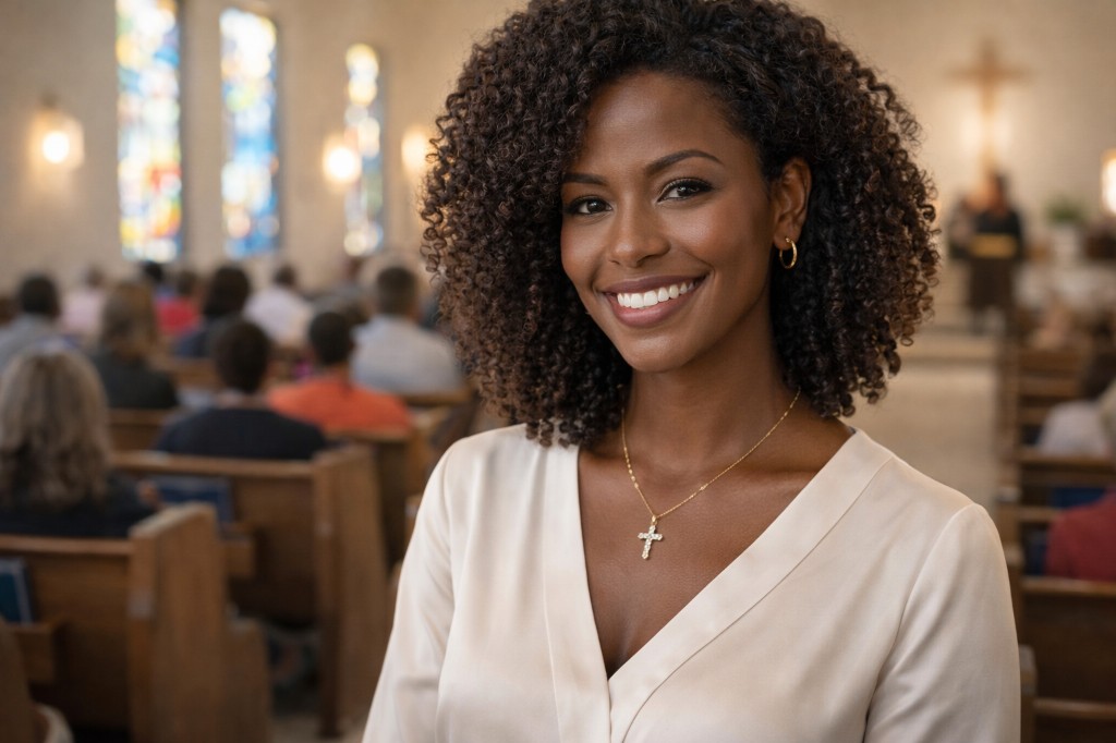 Mulher negra retinta com colar religioso em ambiente acolhedor de igreja, transmitindo confian&ccedil;a, prop&oacute;sito e conex&atilde;o emocional com o p&uacute;blico.