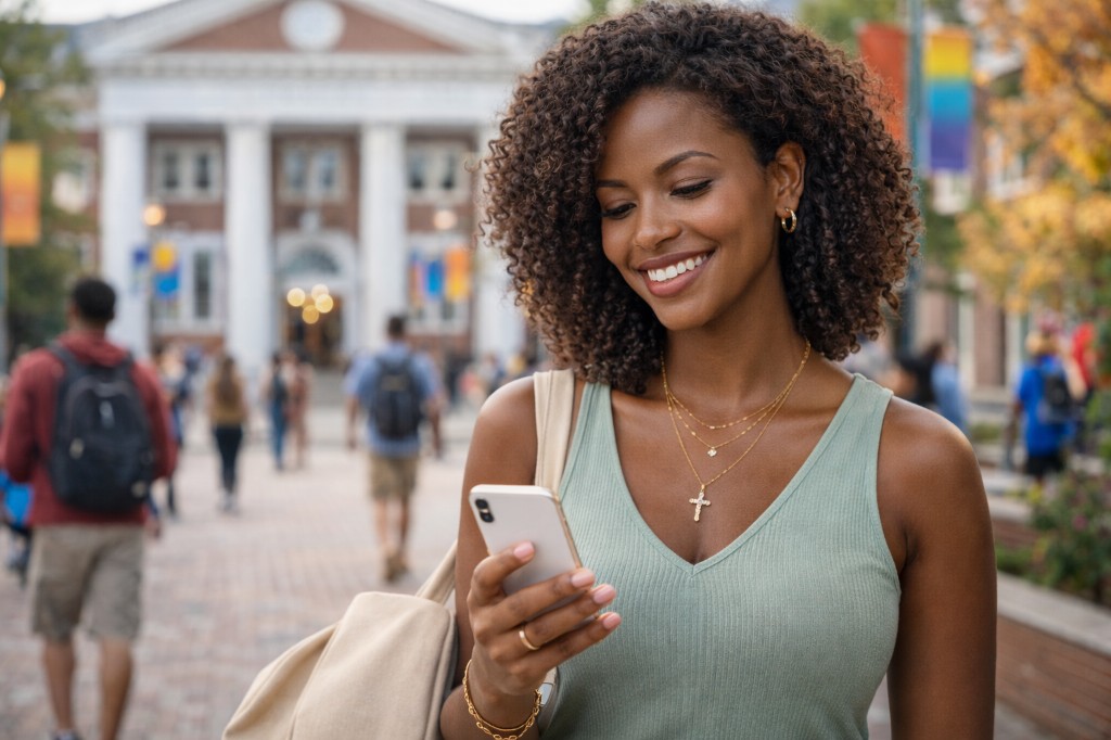 Jovem moderna olhando o celular em frente &agrave; faculdade, com colares minimalistas, ilustrando a vida urbana e mostrando que o campus tamb&eacute;m pode ser o melhor lugar para se vender semijoias entre amigas e colegas.