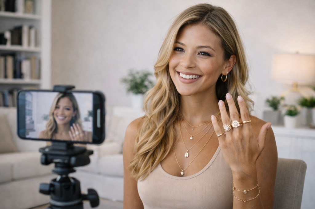 Jovem influenciadora loira gravando v&iacute;deo com celular no trip&eacute;, exibindo an&eacute;is e colares em ambiente caseiro iluminado, mostrando como a cria&ccedil;&atilde;o de conte&uacute;do digital pode ser o melhor lugar para se vender semijoias e atrair clientes todos os dias.