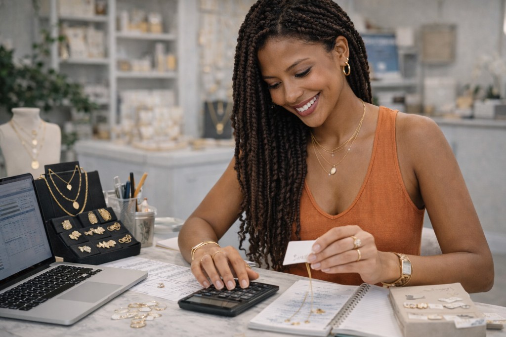 Mulher de tran&ccedil;as longas calcula os pre&ccedil;os de pe&ccedil;as de semijoias usando etiquetas, caderno e planilha, mostrando aten&ccedil;&atilde;o aos detalhes. A loja ao fundo refor&ccedil;a o cen&aacute;rio profissional.