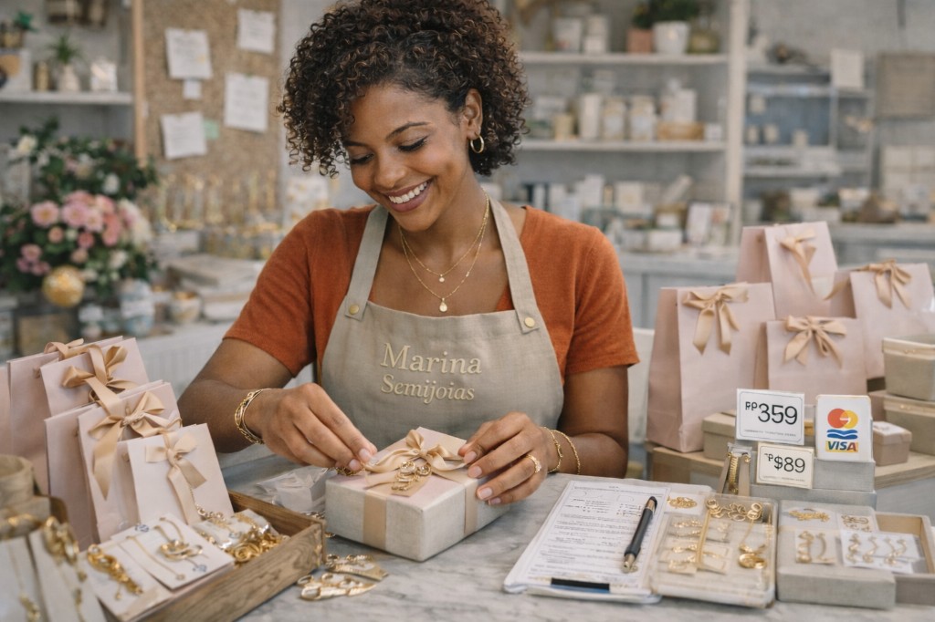 Revendedora negra estilosa embala semijoias com capricho, rodeada de sacolas delicadas e uma bancada cheia de pe&ccedil;as. A plaquinha de pre&ccedil;o e as maquininhas ajudam a ilustrar a estrutura de um pequeno neg&oacute;cio lucrativo.
