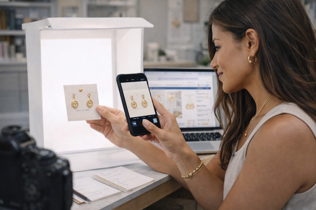 Mulher concentrada fotografa brincos com celular em um mini est&uacute;dio de luz, pronta para publicar nas redes sociais. Ao fundo, o notebook mostra a loja virtual com a pe&ccedil;a sendo cadastrada.