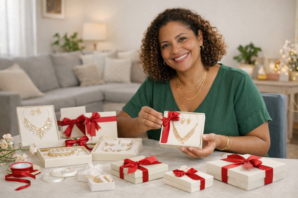 A imagem retrata uma revendedora apresentando kits de semijoias prontos para presente, uma estrat&eacute;gia que facilita a decis&atilde;o de compra e evidencia quais semijoias mais vendem em datas comemorativas e ocasi&otilde;es especiais.