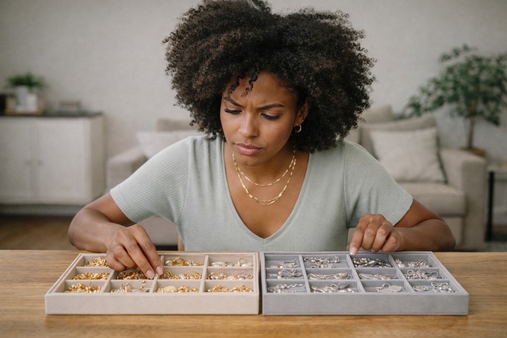 Nesta imagem, a revendedora compara pe&ccedil;as douradas e prateadas, representando visualmente como a alta do ouro impacto nas semijoias n&atilde;o se limita apenas ao ouro, mas influencia toda a cadeia de metais preciosos. A fotografia refor&ccedil;a a import&acirc;ncia de analisar o cen&aacute;rio antes de tomar decis&otilde;es de estoque.