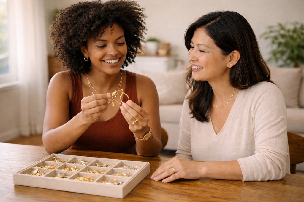 Aqui vemos uma revendedora atendendo sua cliente com confian&ccedil;a, mostrando que, apesar da alta do ouro impacto nas semijoias, o relacionamento e a credibilidade continuam sendo o maior diferencial competitivo. A cena representa venda consultiva e conex&atilde;o humana.