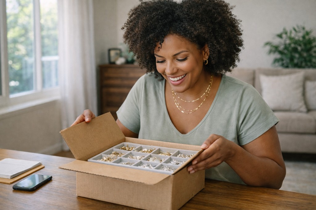 A cena da revendedora abrindo uma caixa de encomenda representa confian&ccedil;a e parceria. Mesmo com a alta do ouro impacto nas semijoias, escolher um fornecedor s&oacute;lido garante seguran&ccedil;a, padr&atilde;o e continuidade nas vendas. A imagem refor&ccedil;a satisfa&ccedil;&atilde;o e profissionalismo.