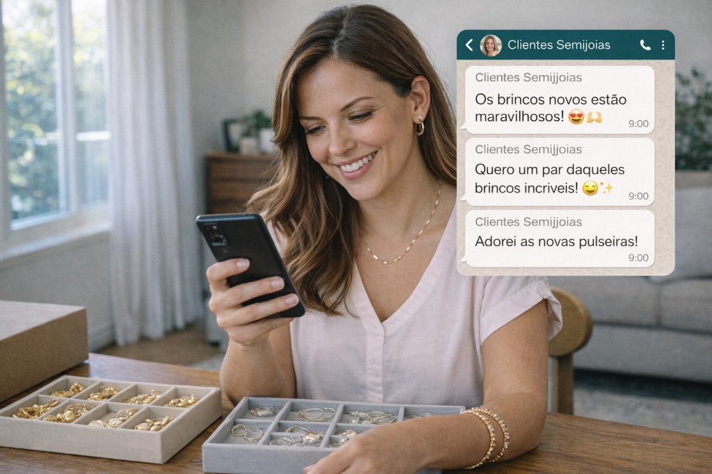 A fotografia mostra a revendedora acompanhando novidades pelo celular, demonstrando que, diante da alta do ouro impacto nas semijoias, informa&ccedil;&atilde;o r&aacute;pida e suporte estrat&eacute;gico ajudam a manter competitividade e margem saud&aacute;vel. A cena transmite agilidade e proximidade.