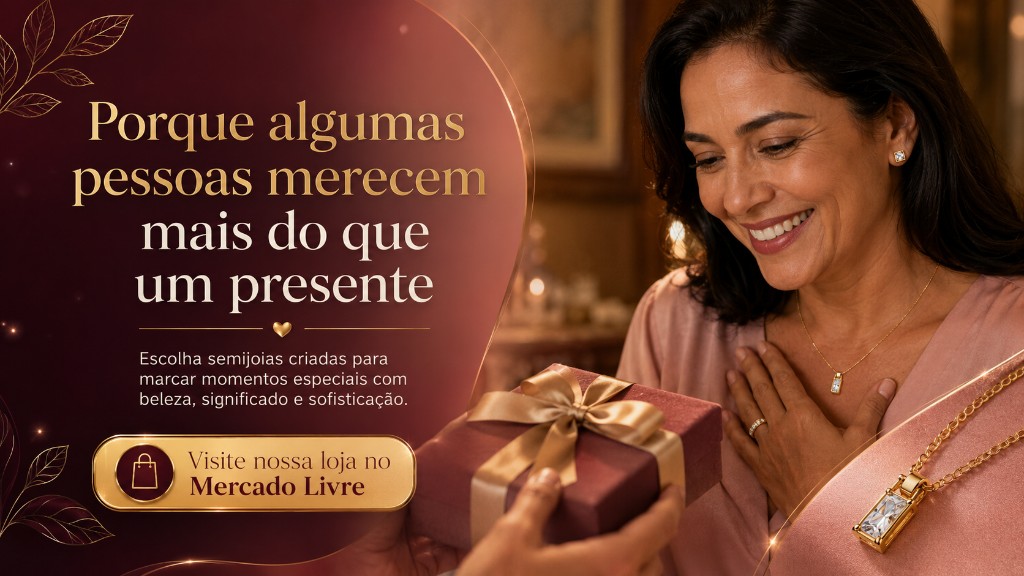 a imagem mostra uma mulher surpresa com uma caixa na mão ao receber uma semijoia de presente