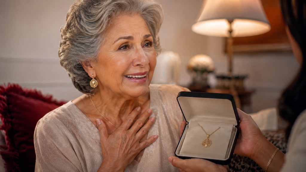 senhora se emociona ao receber uma semijoia de presente