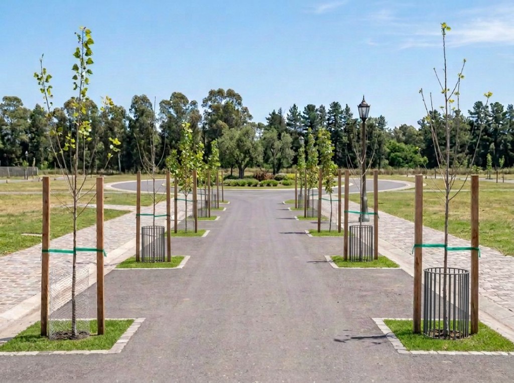 Avenida arbolada de acceso a loteo con rotonda al fondo
