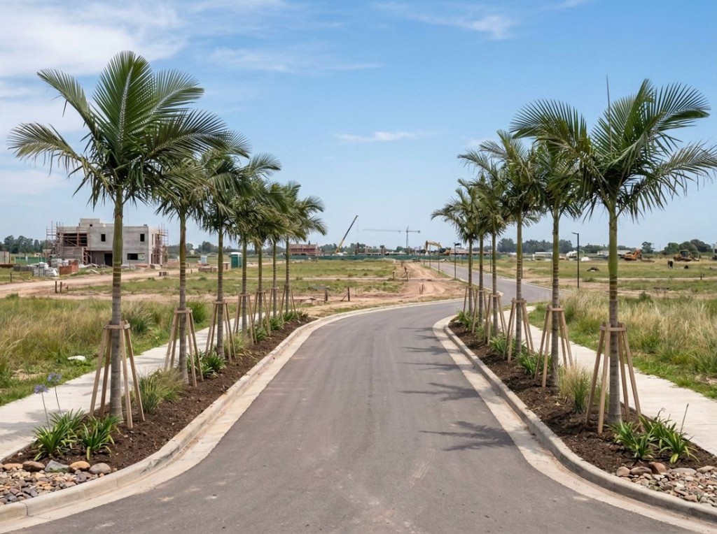 Palmeras Seaforthia de 2,5 metros reci&eacute;n plantadas en la entrada de un barrio privado, en obra