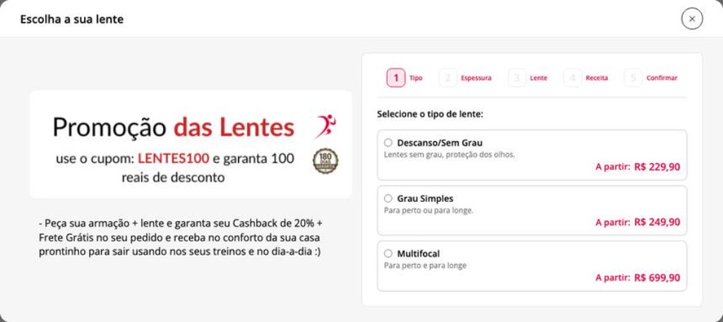 Assistente: escolha do tipo de lente