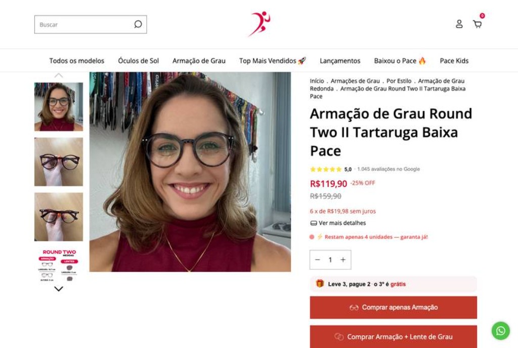 Botões Comprar apenas Armação e Comprar Armação + Lente de Grau