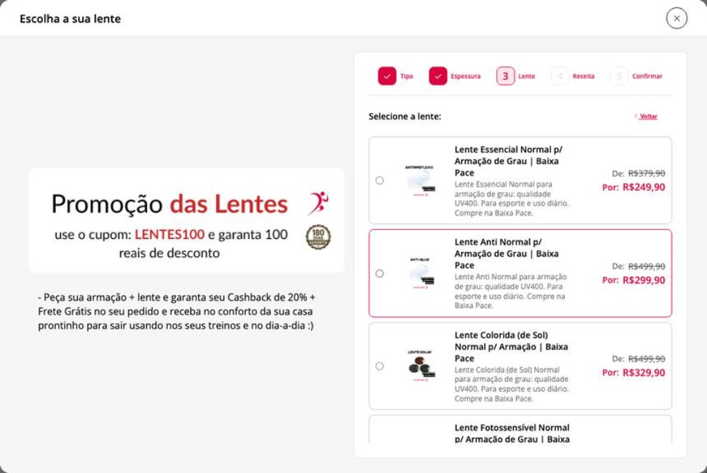 Assistente: seleção da lente com preços