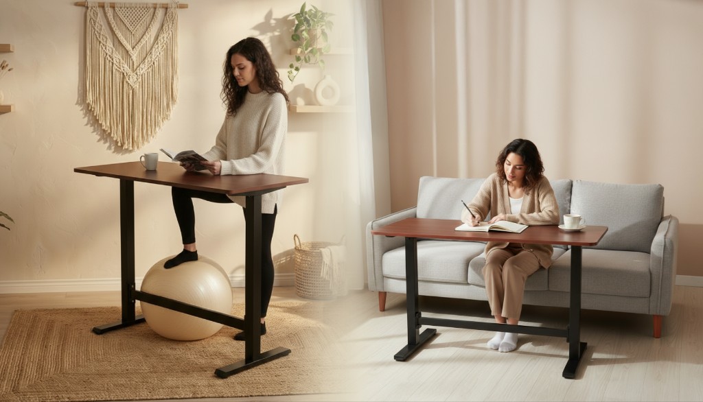 Composição em tela dividida mostrando uma mesa ergo sendo utilizada para leitura em pé com bola de exercícios e para escrita sentada em ambiente residencial.