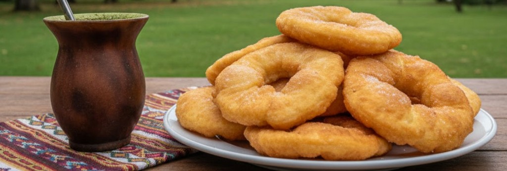 tortas fritas recién hechas junto a un mate en una mesa argentina