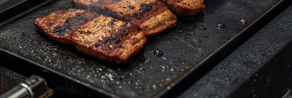 Plancha de hierro Grill West cocinando vegetales y mariscos sobre parrilla argentina