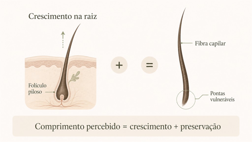 Ilustra&ccedil;&atilde;o comparando crescimento do cabelo na raiz e preserva&ccedil;&atilde;o do comprimento, mostrando fol&iacute;culo piloso, fibra capilar e pontas mais vulner&aacute;veis &agrave; quebra.