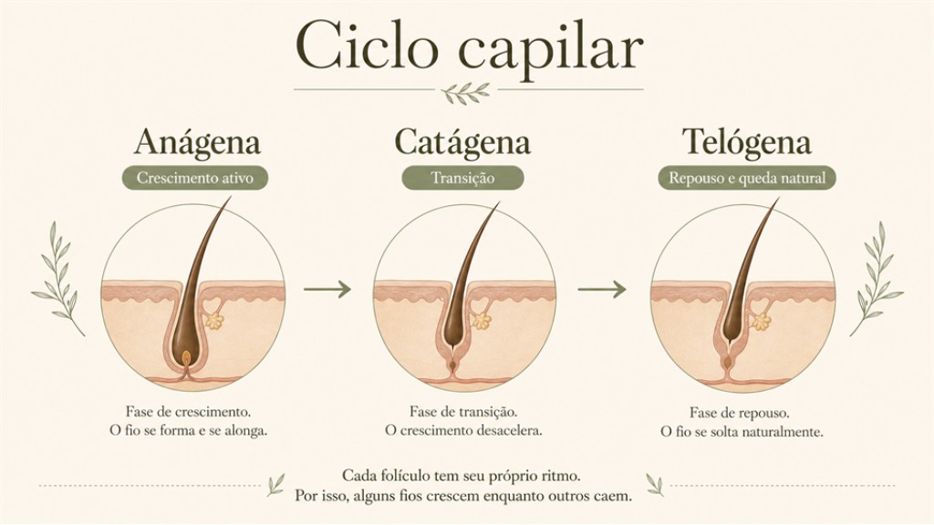 Infogr&aacute;fico do ciclo capilar mostrando as fases an&aacute;gena, cat&aacute;gena e tel&oacute;gena, com crescimento ativo, transi&ccedil;&atilde;o, repouso e queda natural.