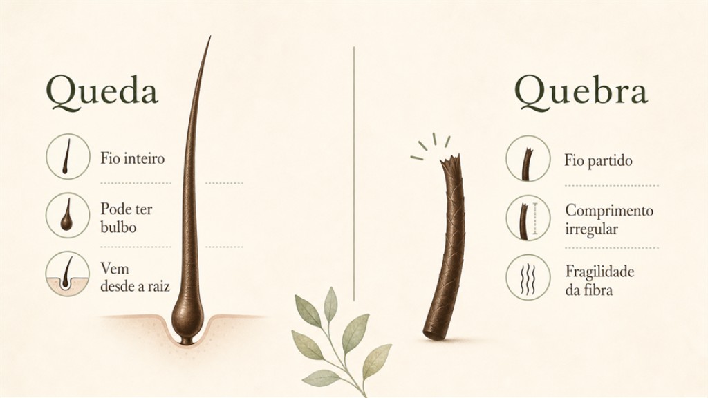 Infogr&Atilde;&iexcl;fico comparando queda e quebra capilar, mostrando um fio inteiro com bulbo e um fio rompido no comprimento.