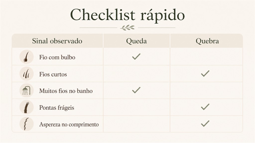 Tabela visual com checklist para diferenciar sinais de queda e quebra capilar na rotina.