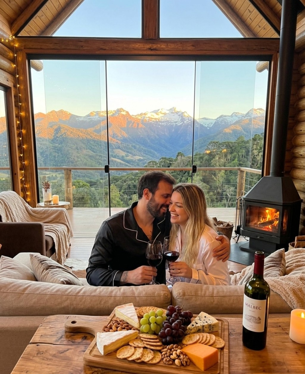 casal em uma cabana com vista panoramica vestindo pijamas combinando no dia dos namorados.