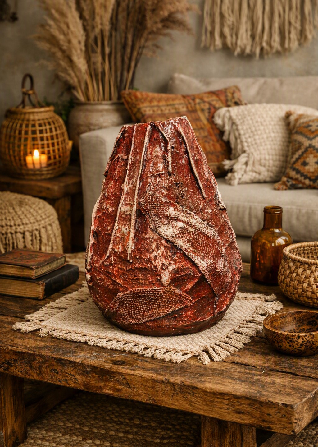 Aqui o vaso é o destaque em uma mesa de madeira rústica, rodeado por cestos de fibras, pampas secos e detalhes artesanais.