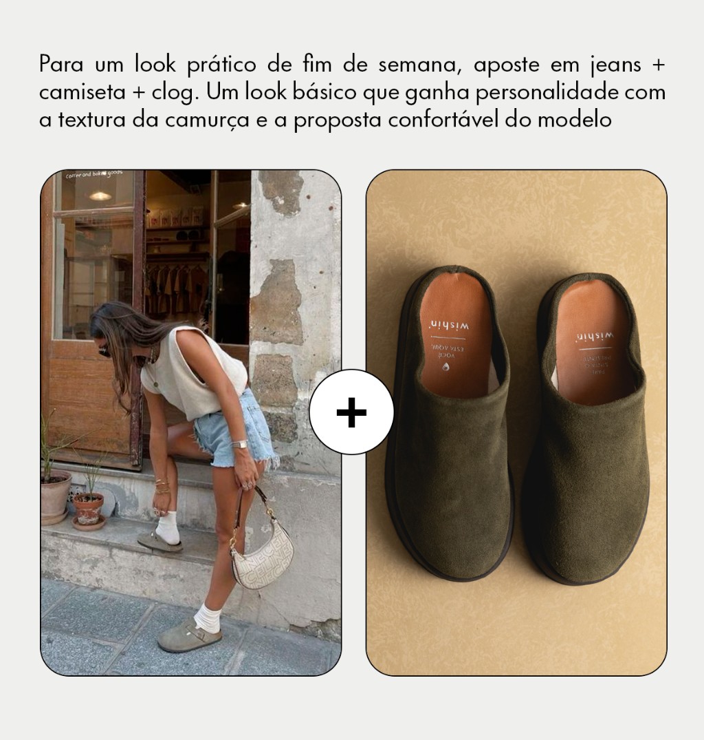 Clog Ju Wishin Militar com jeans e camiseta &mdash; look fim de semana