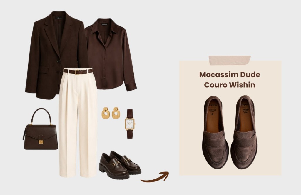 look de marrom com off-white