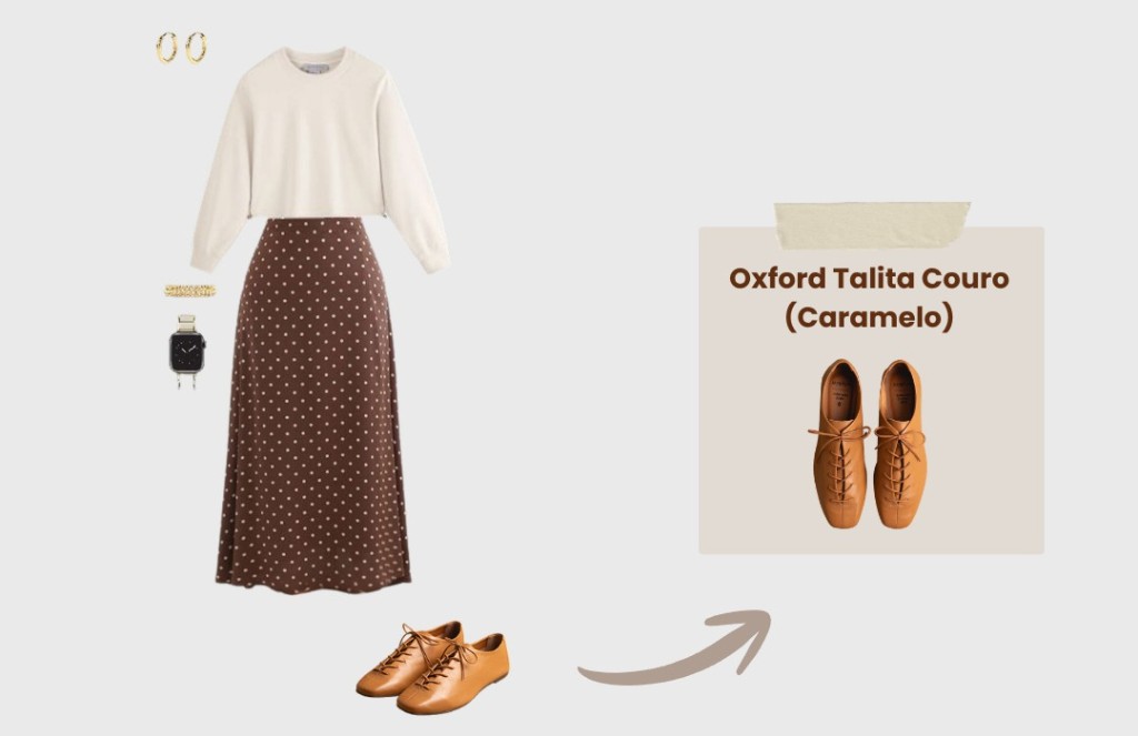 recomenda&ccedil;&atilde;o de look com saia midi e sapato jazz.