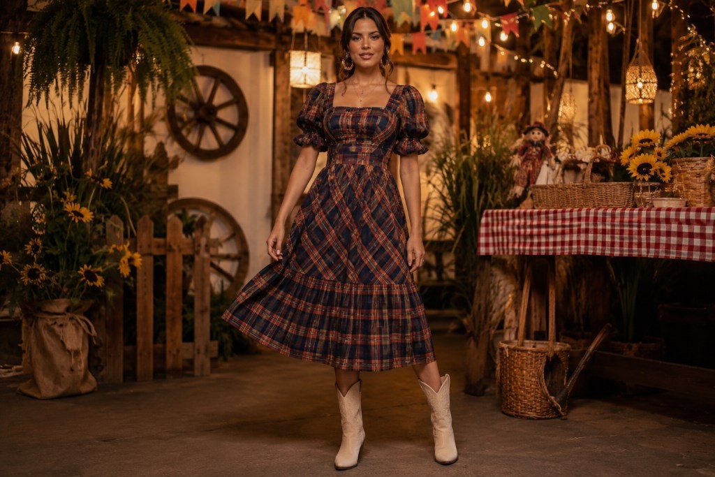 Looks para festa junina feminina 2026 com acessórios dourados