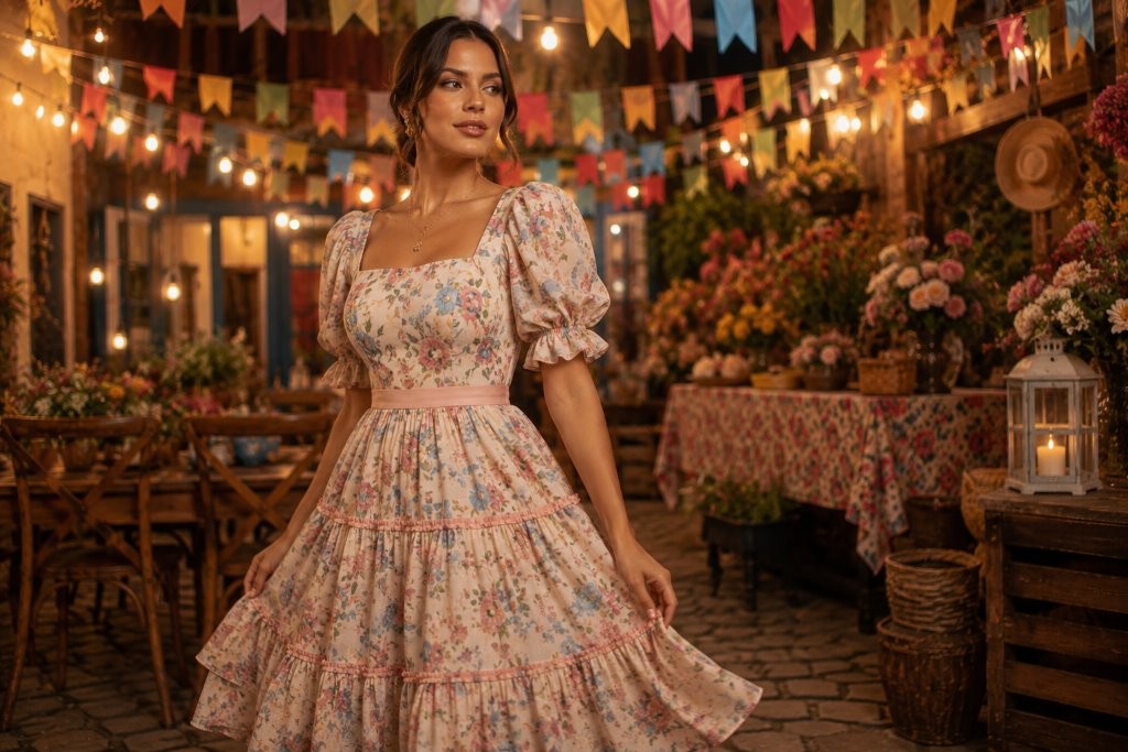 Mulher vestindo um look romântico feminino floral para festa junina