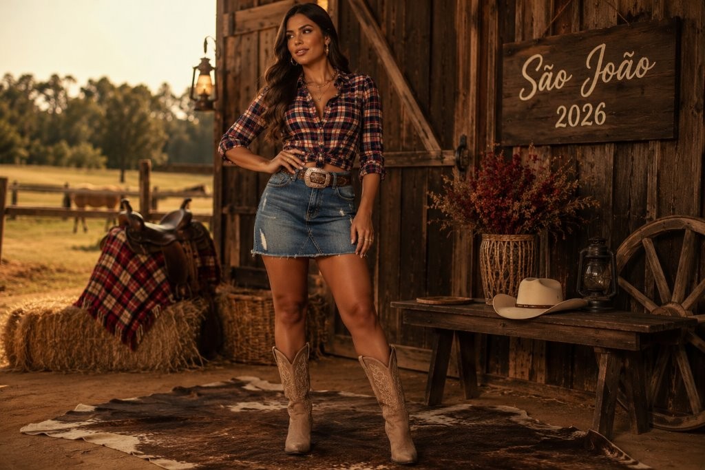 Mulher usando um look country feminino para São João 2026, composto por saia jeans, camisa xadrez, botas e acessórios