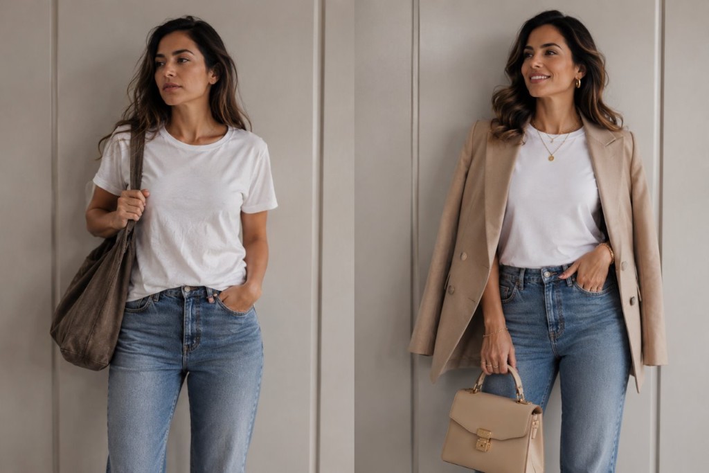 Comparação lado a lado da mesma mulher usando exatamente a mesma roupa básica (camiseta branca e jeans)