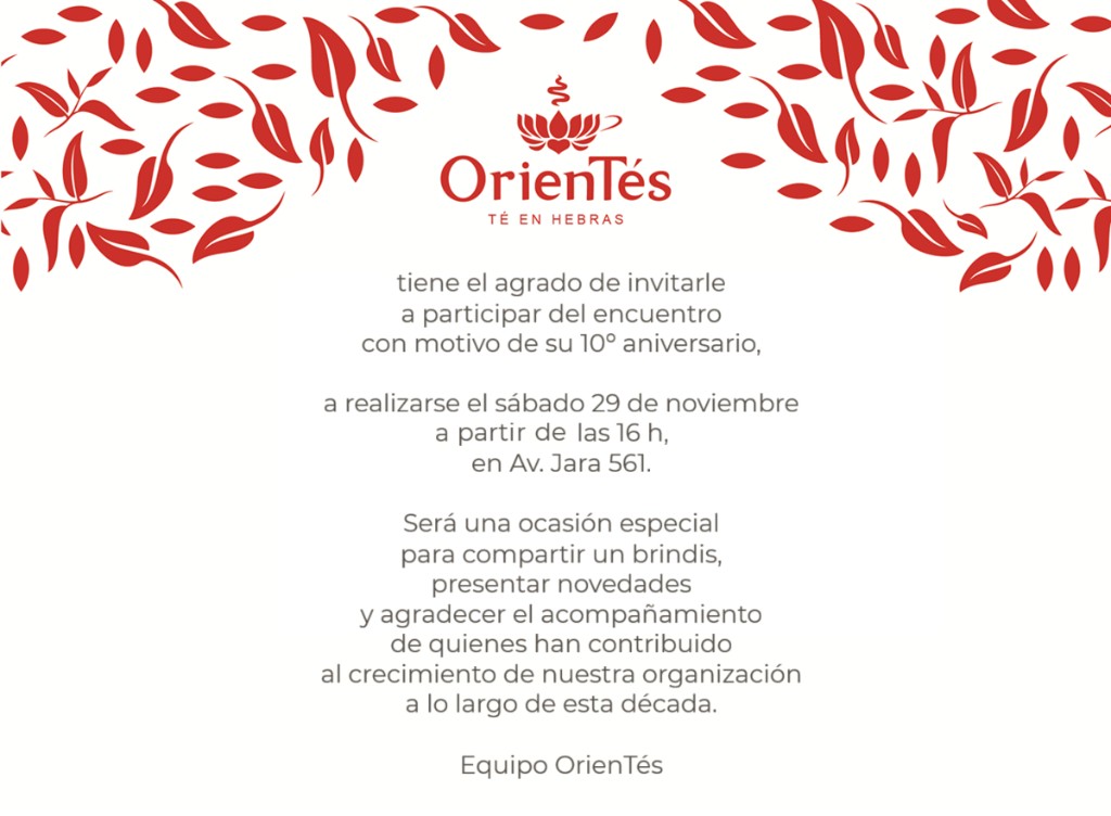 Invitación a participar del encuentro por el 10º aniversario OrienTés, a realizarse el sábado 29 de noviembre de 2025 a las 16 h, en Av. Jara 561
