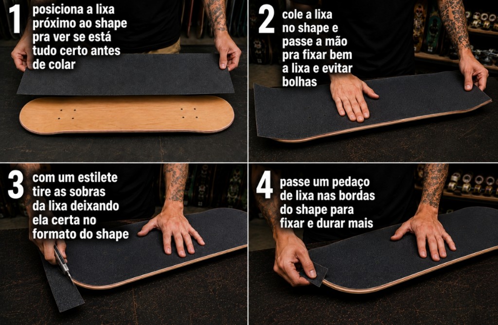 como colocar a lixa no shape de skate ?