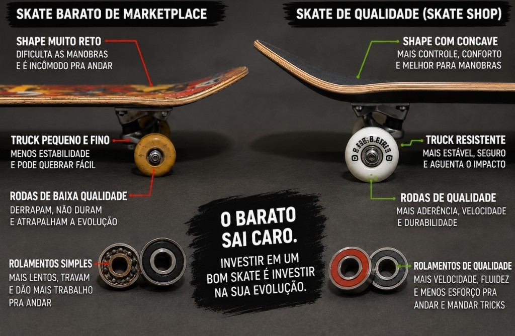Diferen&ccedil;a de skate de brinquedo pra skate profissional