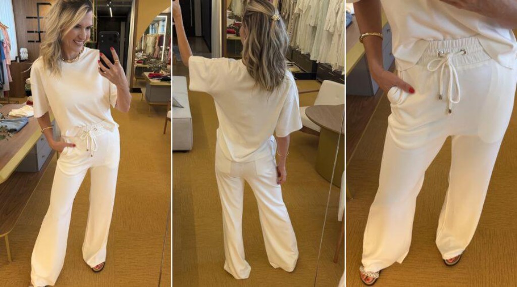 3 imagens mostrando diferentes poses da modelo Bruna Elisa usando um conjunto de alfaiataria que representa o estilo Quiet Luxury