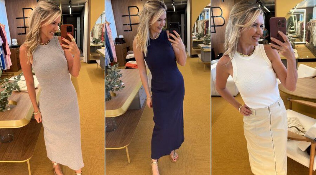 Bruna Elisa C. vestindo vestidos com tecido canelado