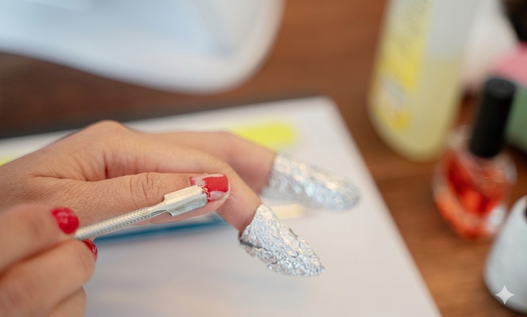 Retiro correcto de esmalte semipermanente con algod&oacute;n empapado en removedor y envuelto en papel aluminio.