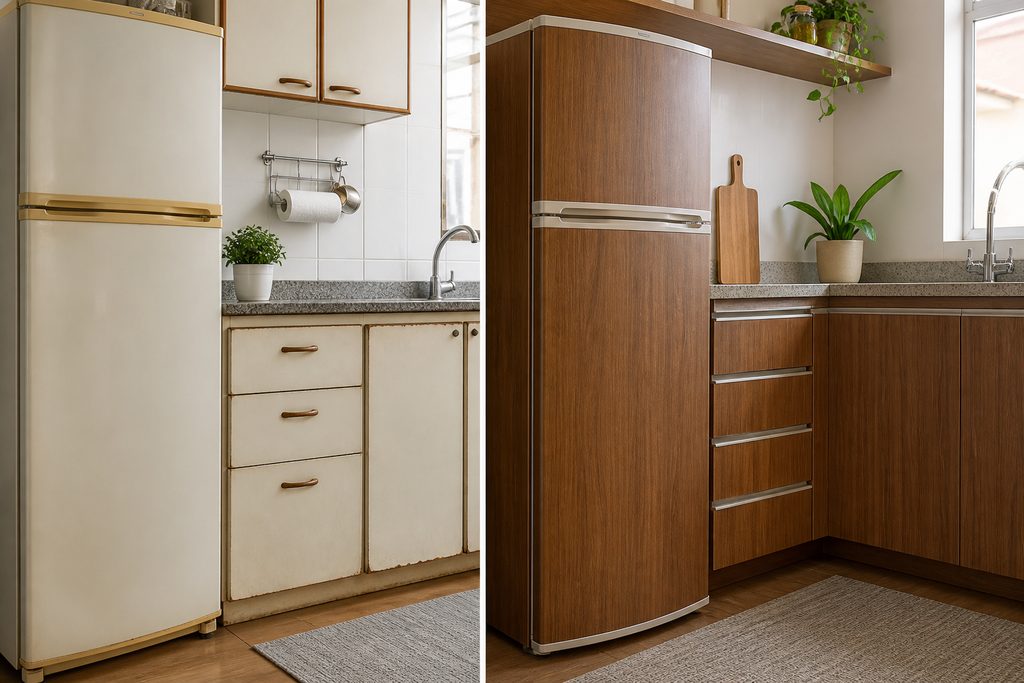 Antes e depois de cozinha renovada com vinil adesivo decorativo amadeirado