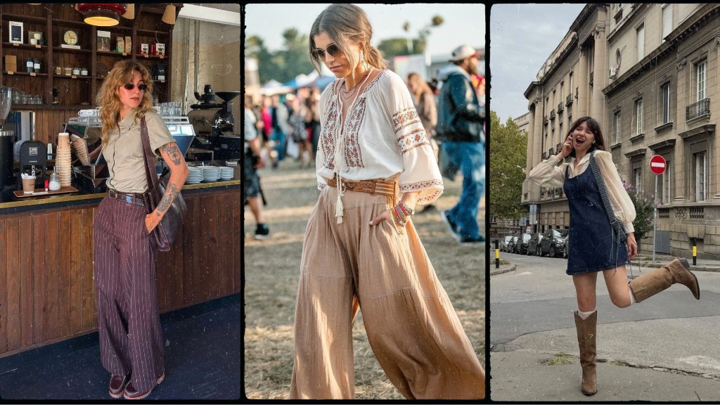 Tr&ecirc;s mulheres vestem diferentes looks, dois com est&eacute;tica vintage e um com est&eacute;tica boho chic.